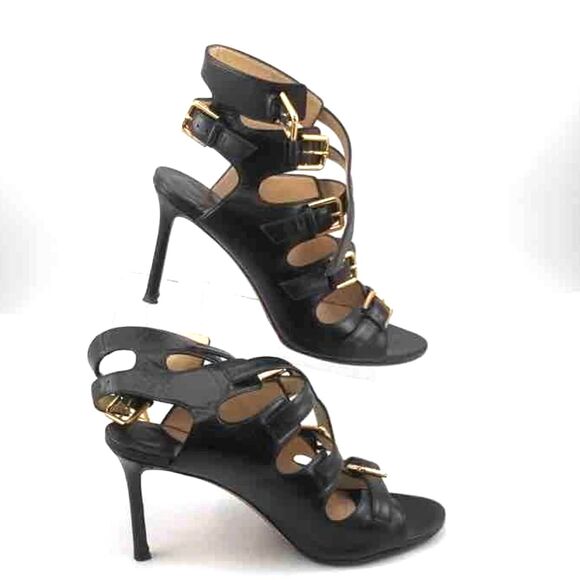 Jimmy Choo Black Trick Gladiator Multi Buckle Logo High Heel Sandals 38 (7.5) - Picture 2 of 6